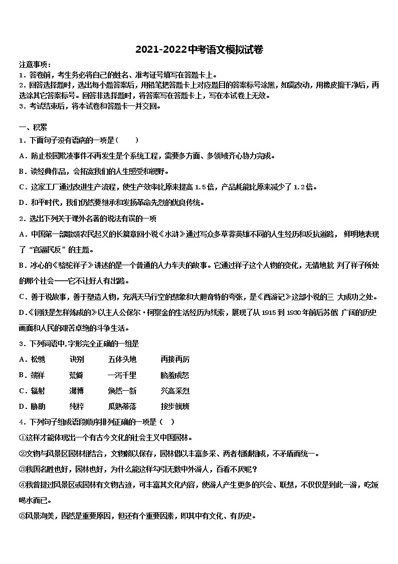 2022年湖南省武冈市第一中学中考语文模拟精编试卷含解析第1页