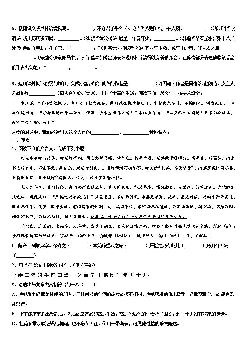 2022年湖南省怀化市中学方县重点中学中考语文适应性模拟试题含解析02