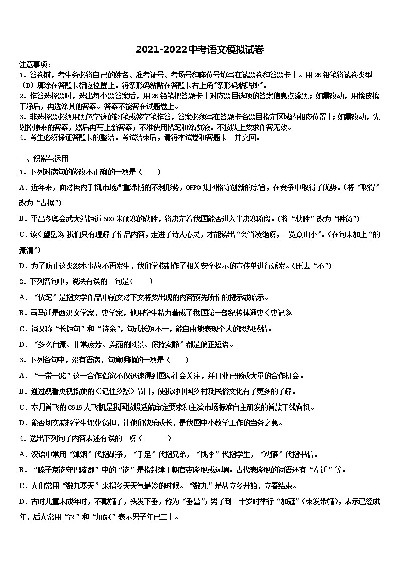 2022年湖南省中考五模语文试题含解析01