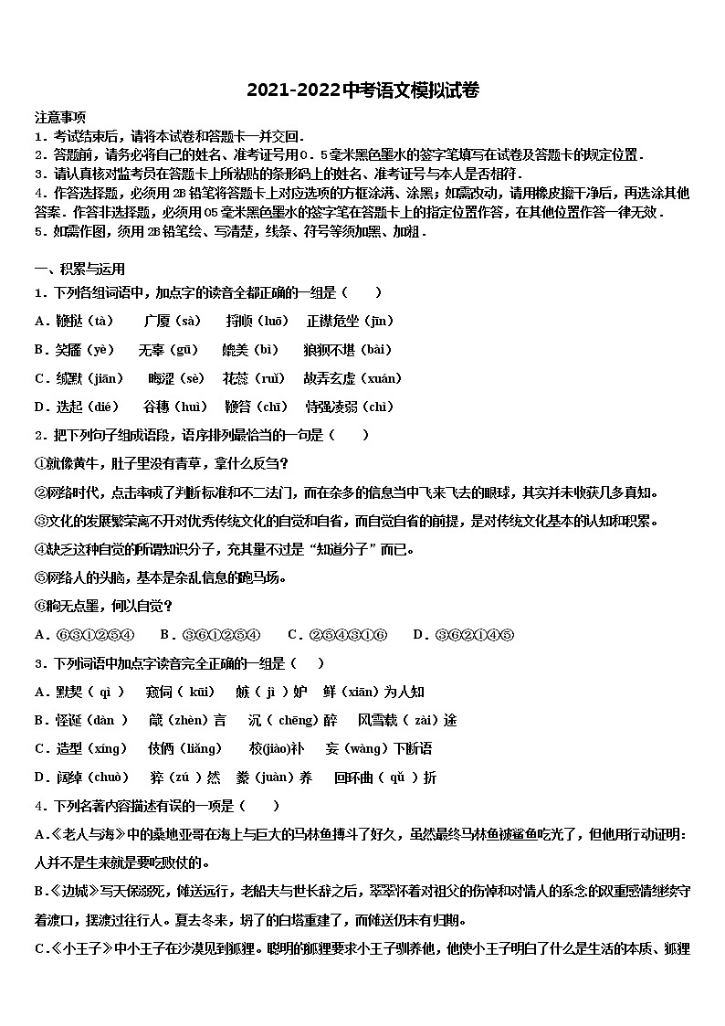 2022年江苏省盐城市龙冈共同体中考三模语文试题含解析第1页