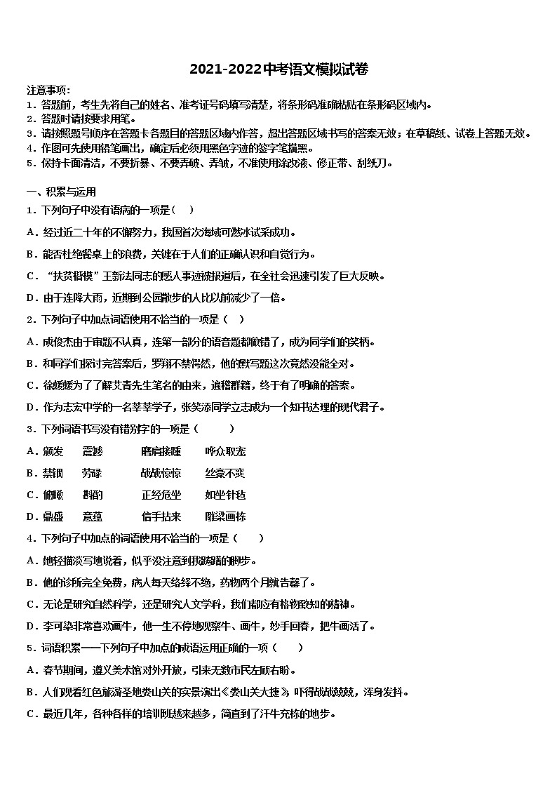 2022年黑龙江省绥化市重点中学中考语文全真模拟试卷含解析第1页