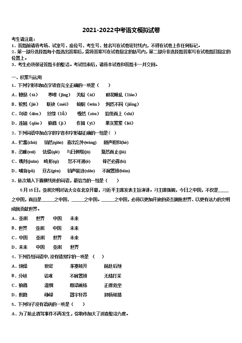2022届湖北省武汉市武昌区省水二中学中考一模语文试题含解析第1页