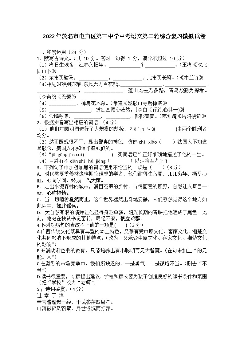 2022年广东省茂名市电白区第三中学中考语文第二轮综合复习模拟试卷(word版含答案)第1页