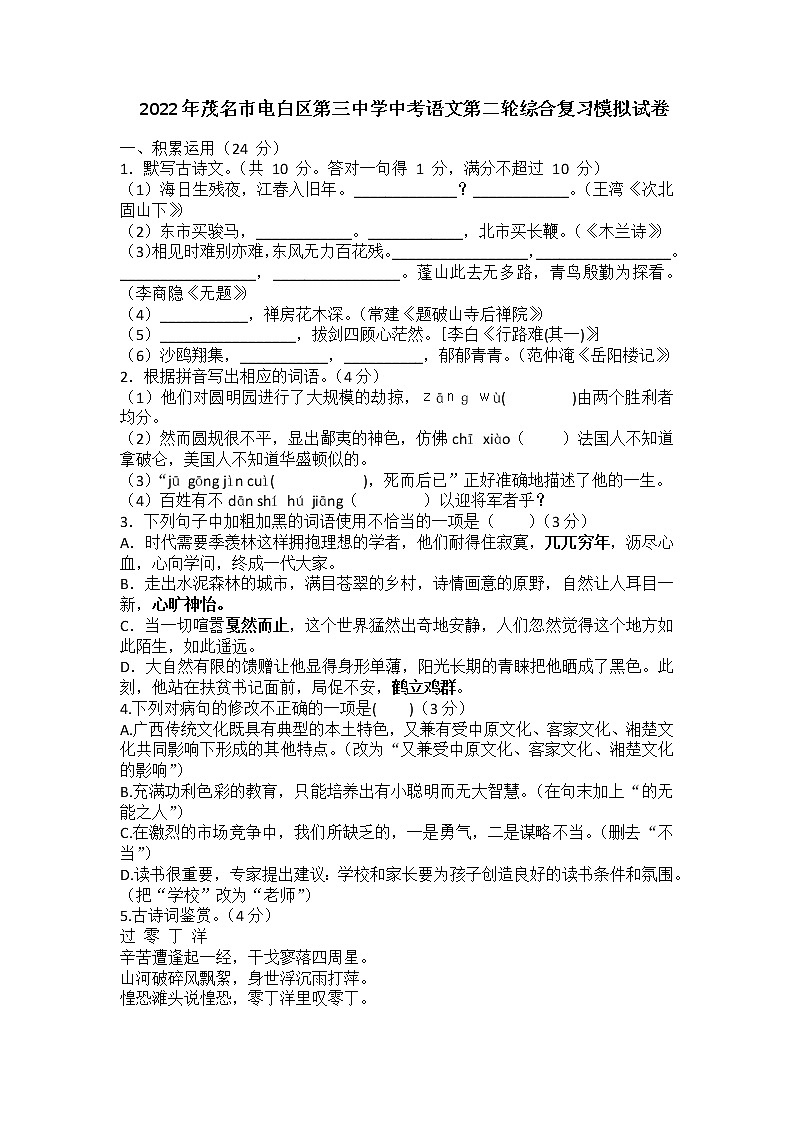 2022年广东省茂名市电白区第三中学中考语文第二轮综合复习模拟试卷第1页