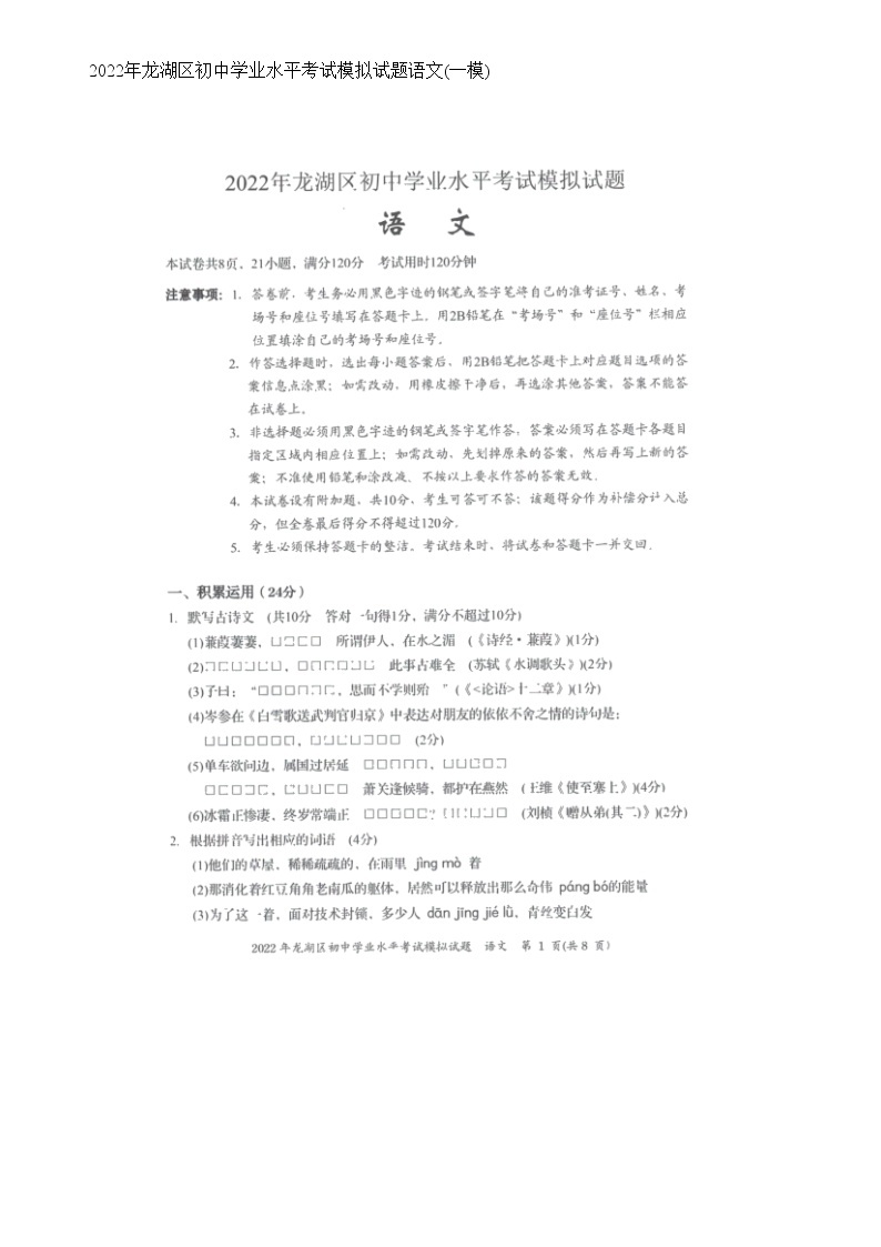 2022年广东省汕头市龙湖区初中学业水平考试(一模)语文卷01