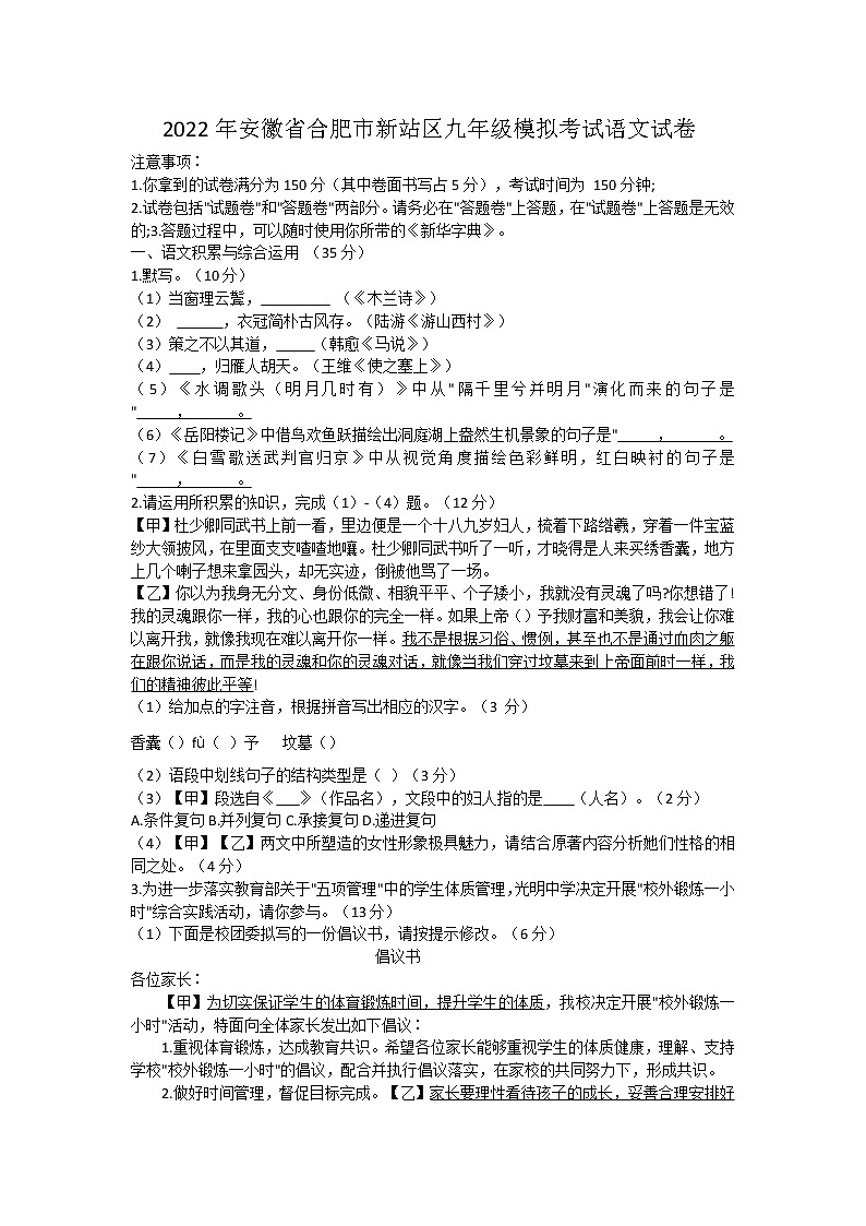 2022年安徽省合肥市新站区九年级模拟考试语文试卷01