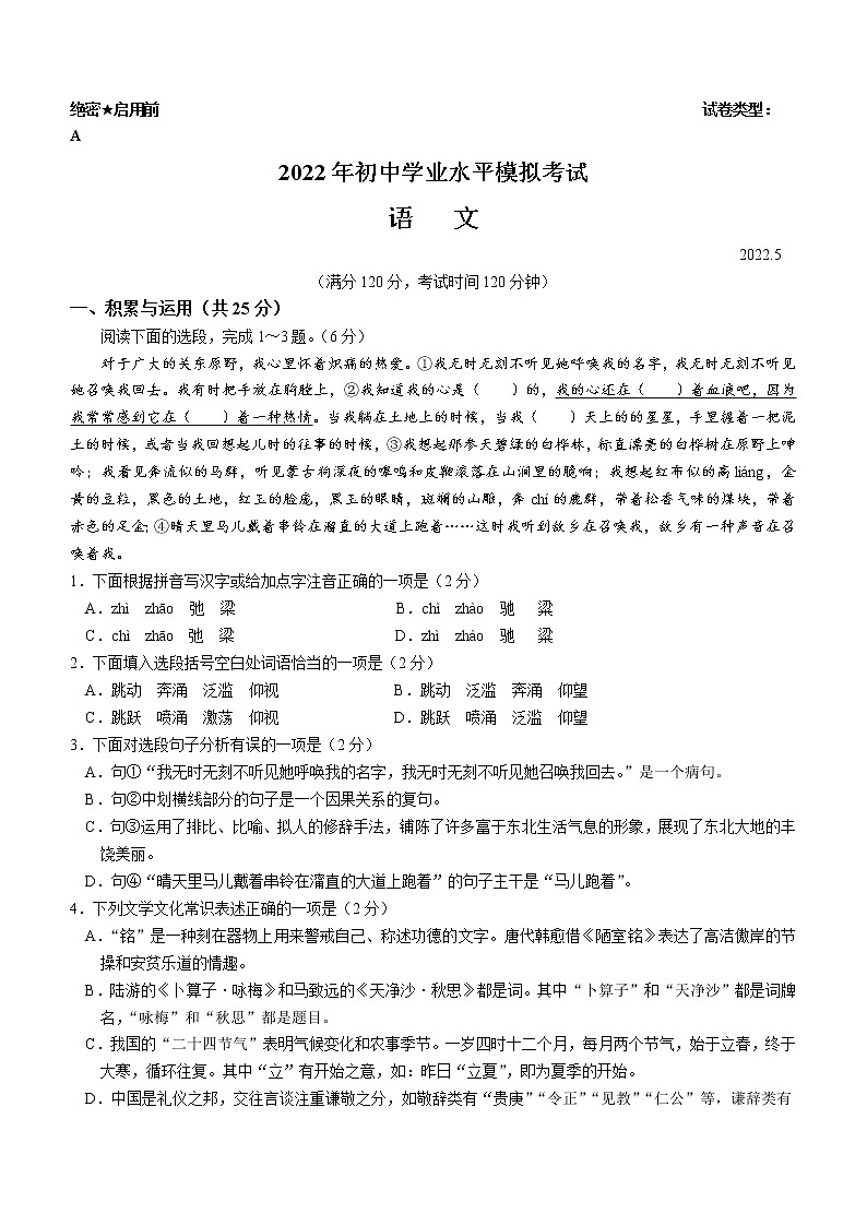2022年山东省枣庄市滕州市中考语文模拟试题01