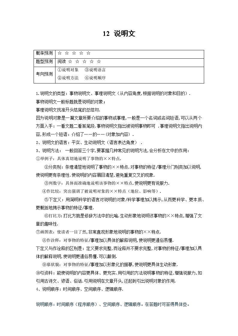 专题12 说明文-2022年中考语文 二轮专题复习 知识点+练习（含解析）01