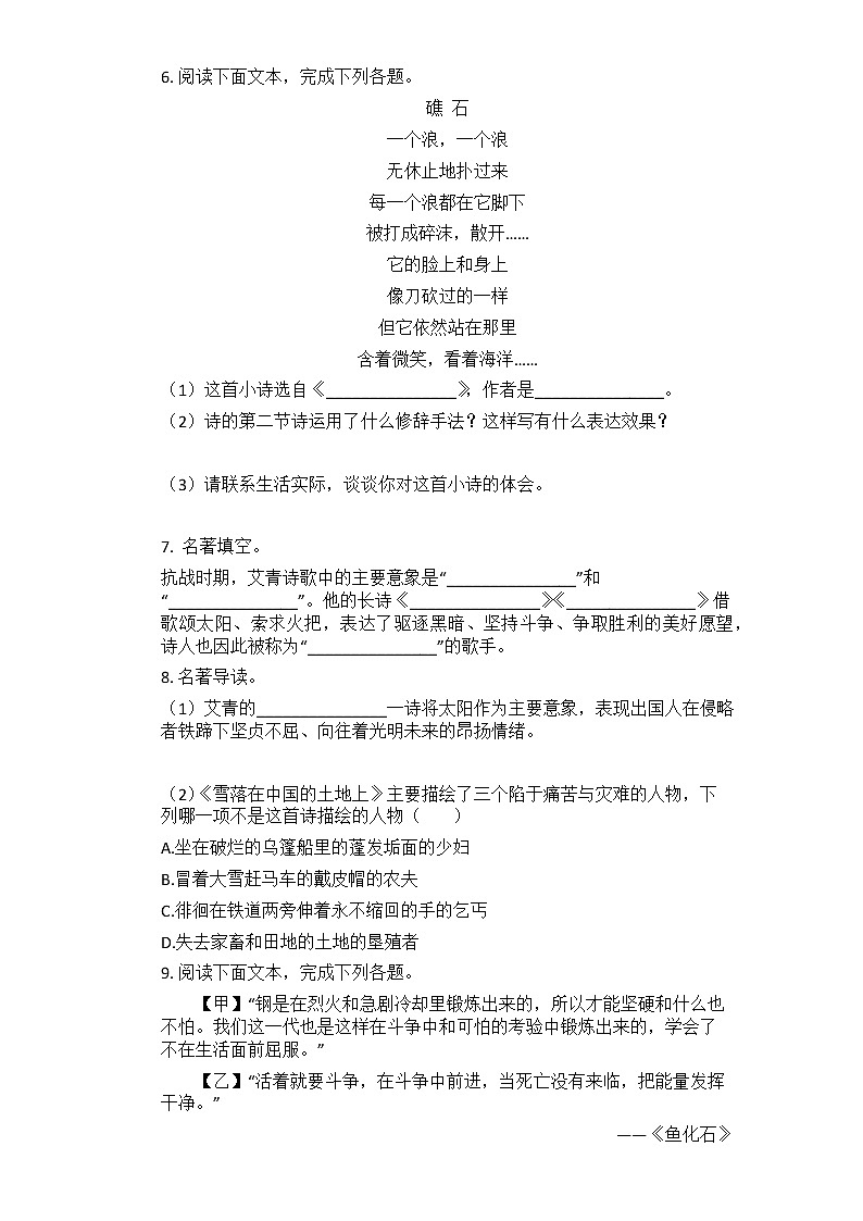 2021年中考语文一轮复习：名著导读《艾青诗选》练习题第3页