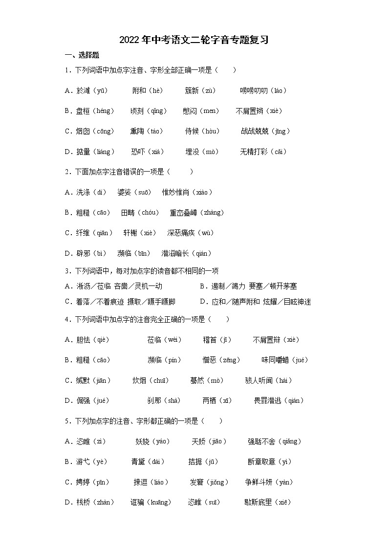2022年中考语文二轮字音专题复习第1页