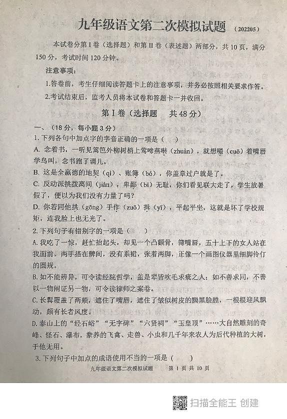 2022年山东省泰安市东平县中考二模语文试题01