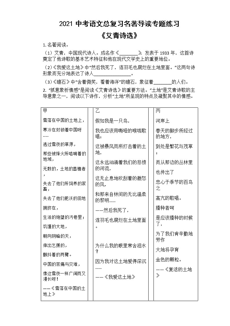 2021中考语文总复习名著导读专题练习_《艾青诗选》第1页