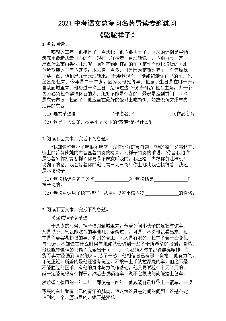 2021中考语文总复习名著导读专题练习_《骆驼祥子》第1页