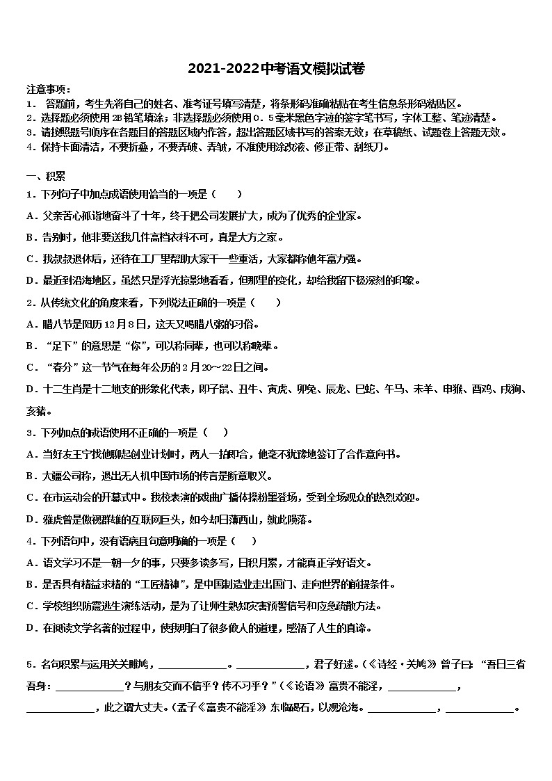 2022年四川省简阳市简城区重点名校中考语文适应性模拟试题含解析01