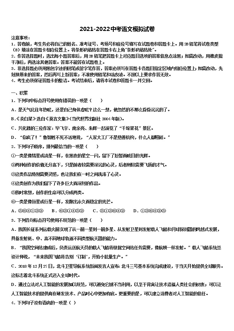 2022年美姑中学中考语文适应性模拟试题含解析第1页