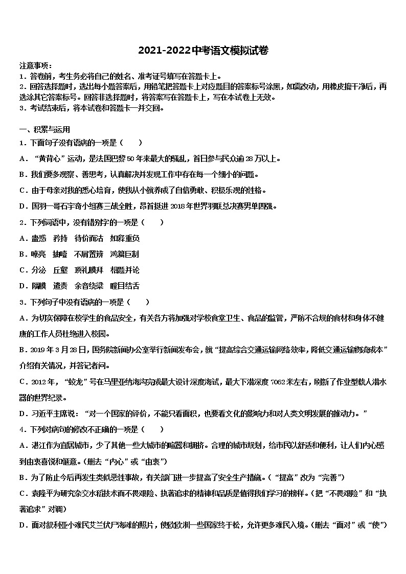 2022年山东省青岛39中重点达标名校中考语文考前最后一卷含解析01