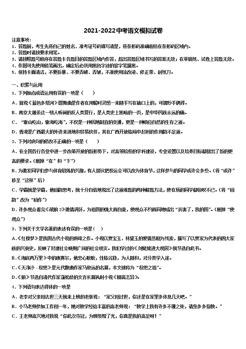 2022年四川省巴中市恩阳区中考语文考前最后一卷含解析01