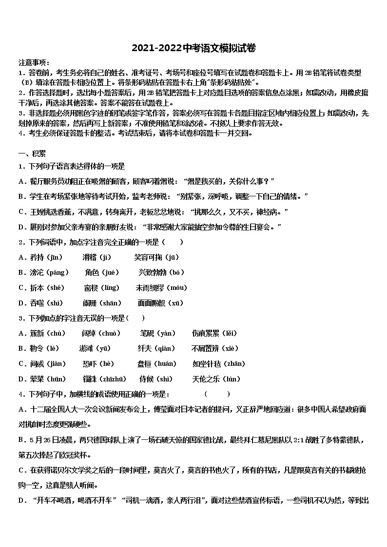 2022年内蒙古呼和浩特市赛罕区市级名校中考语文适应性模拟试题含解析01