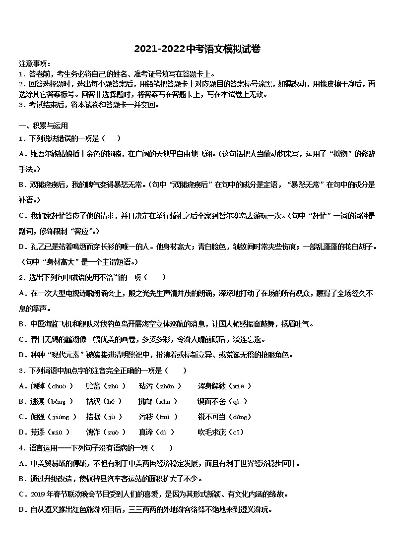 2022年山东省青岛市开发区实验中考试题猜想语文试卷含解析第1页