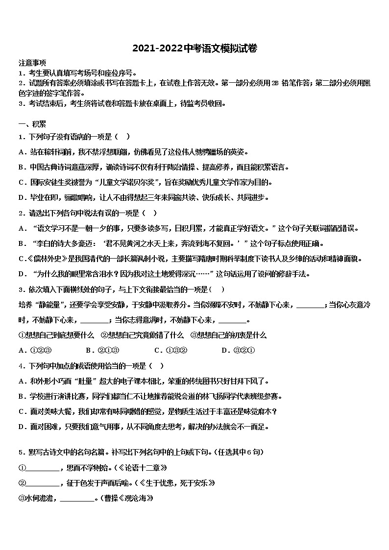 2022年陕西省西安市长安中学中考语文模拟精编试卷含解析第1页