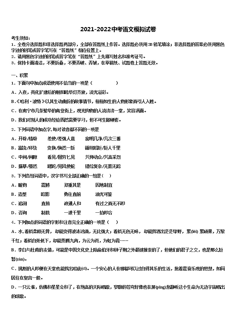 2022年重庆市宜宾市中学中考语文五模试卷含解析01