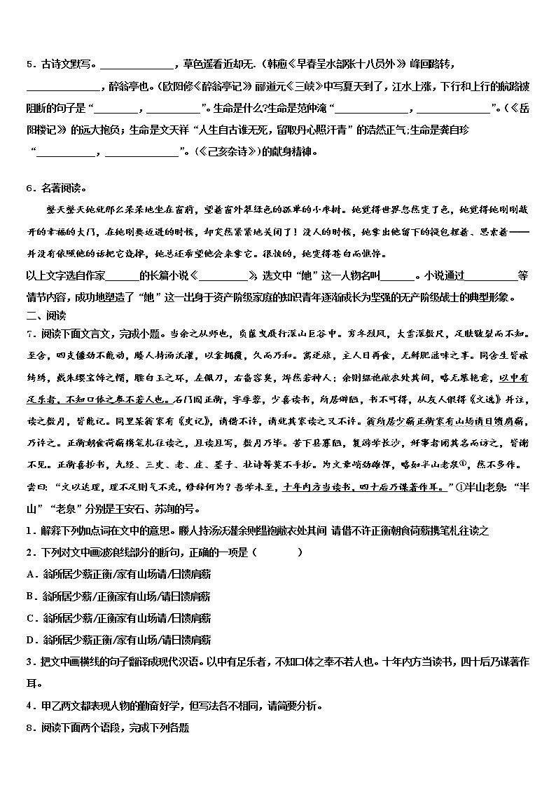 2022年重庆市宜宾市中学中考语文五模试卷含解析02