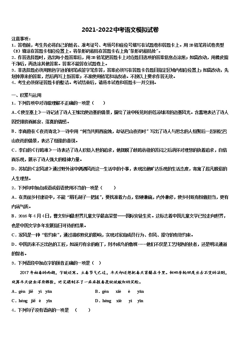 安徽省宿州十一中学2021-2022学年中考语文对点突破模拟试卷含解析01