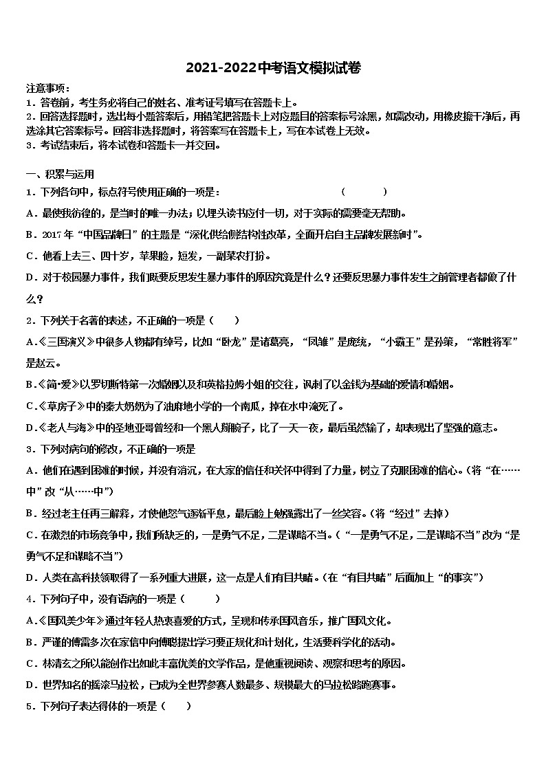 甘肃省庆阳市合水县2022年中考语文押题卷含解析01