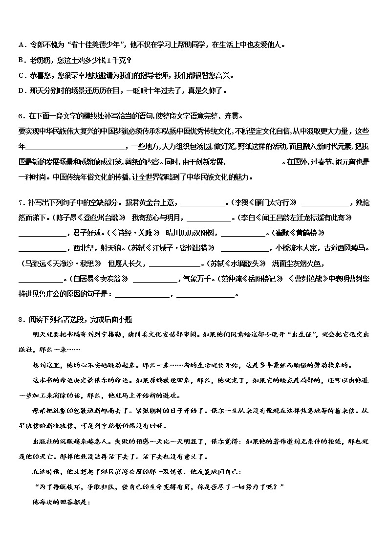 甘肃省庆阳市合水县2022年中考语文押题卷含解析02