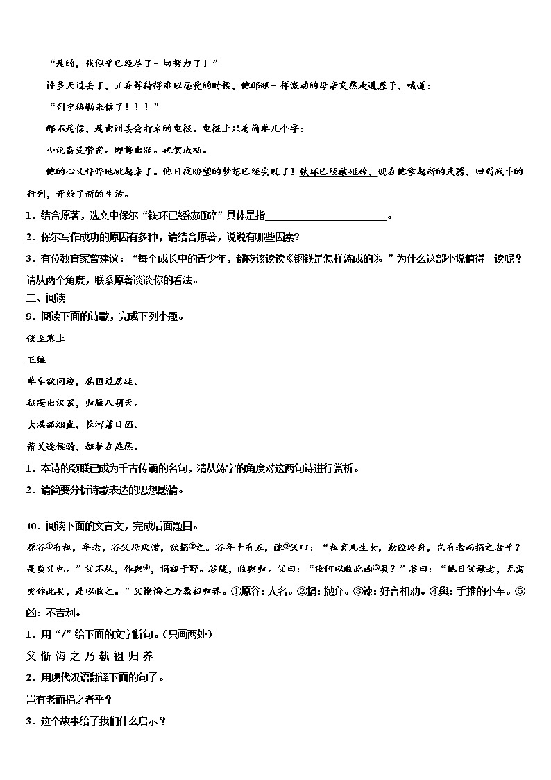 甘肃省庆阳市合水县2022年中考语文押题卷含解析03