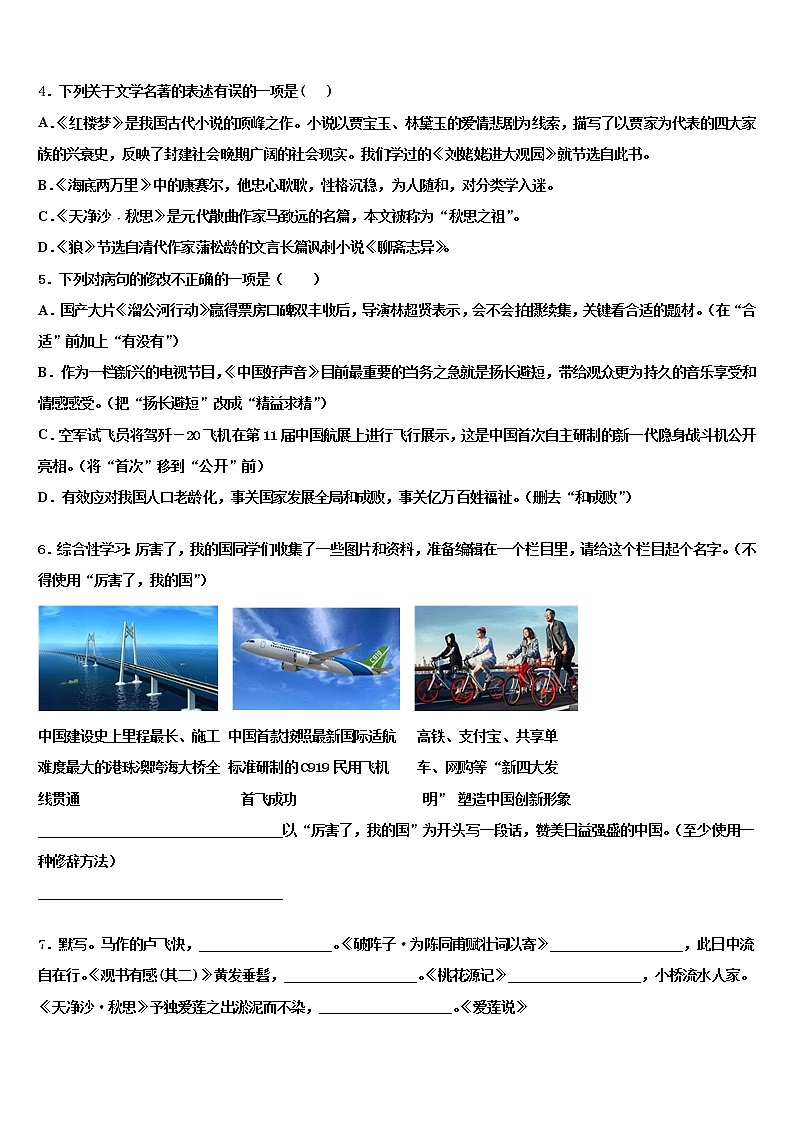 安徽省淮南市大通区（东部）重点达标名校2022年中考语文模拟预测题含解析02