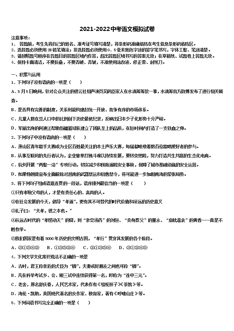 2022年新疆维吾尔自治区乌鲁木齐市达标名校中考语文模拟精编试卷含解析01