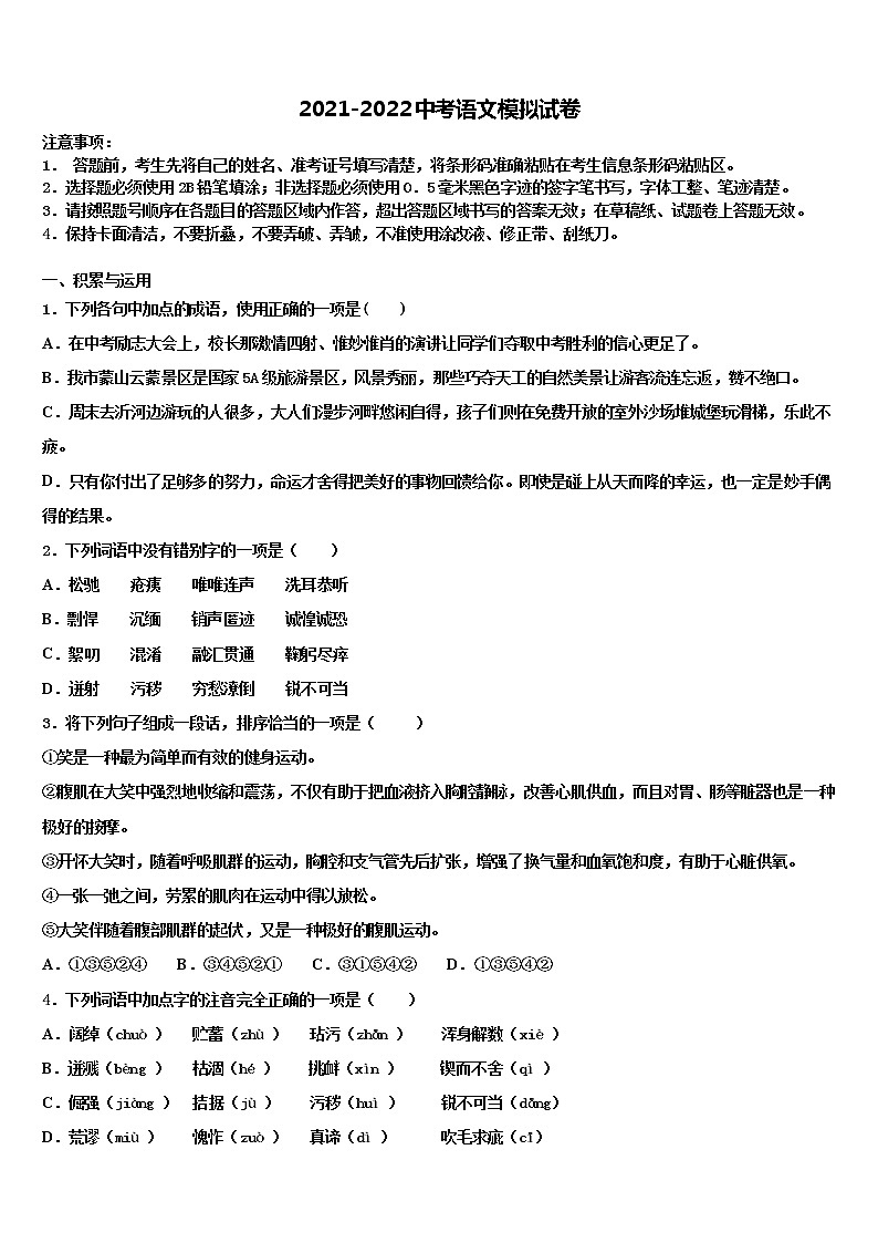 安徽省宣城市宣州区水阳中学初级中学2021-2022学年中考语文模拟预测题含解析01
