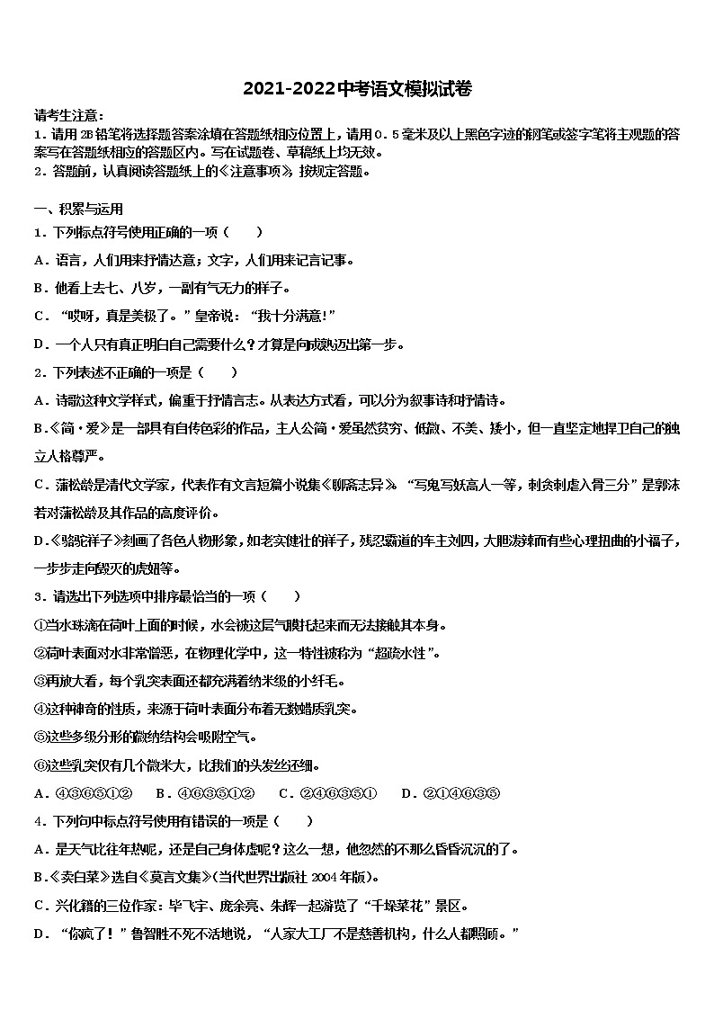 广西兴业县2021-2022学年中考语文模拟试题含解析01