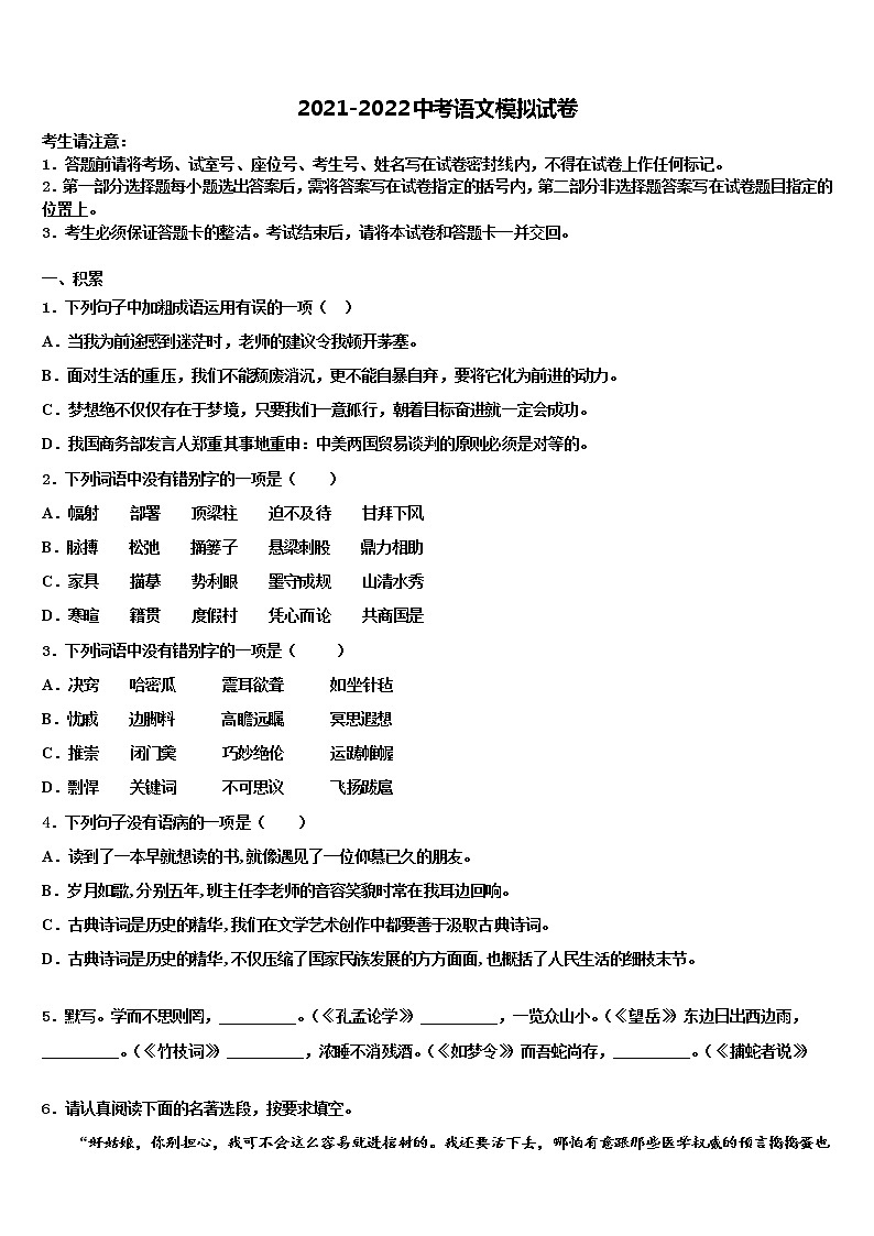 广东省云浮达标名校2021-2022学年中考语文考试模拟冲刺卷含解析01