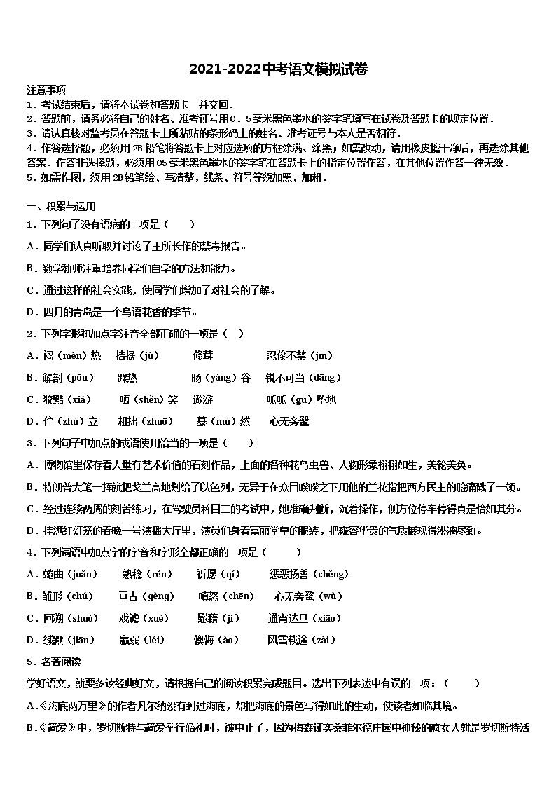 辽宁省沈阳市2022年中考一模语文试题含解析01