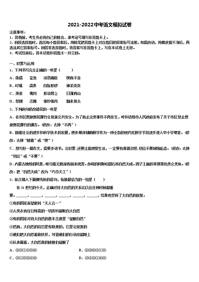 河北省石家庄市28中学2021-2022学年中考二模语文试题含解析01