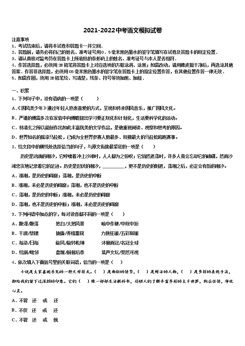 河南省洛阳市汝阳县市级名校2022年中考语文模拟预测题含解析01