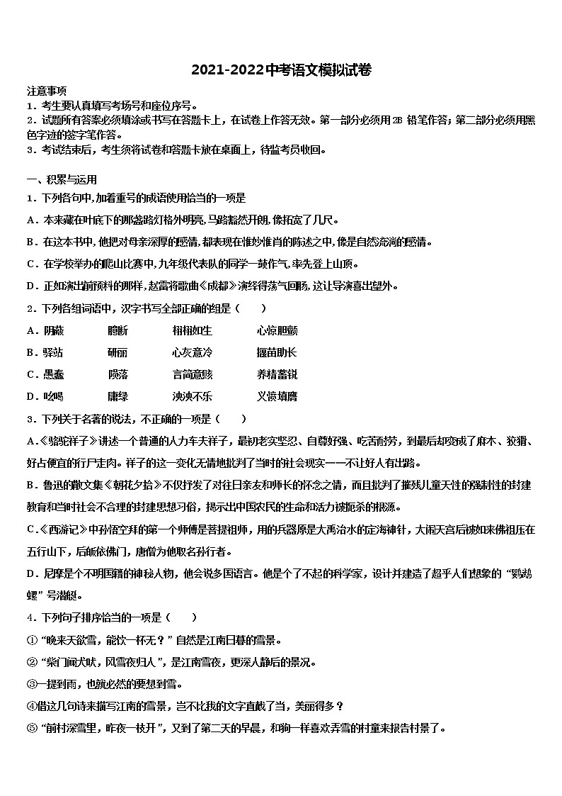 湖南省邵阳市2021-2022学年中考语文最后冲刺模拟试卷含解析01