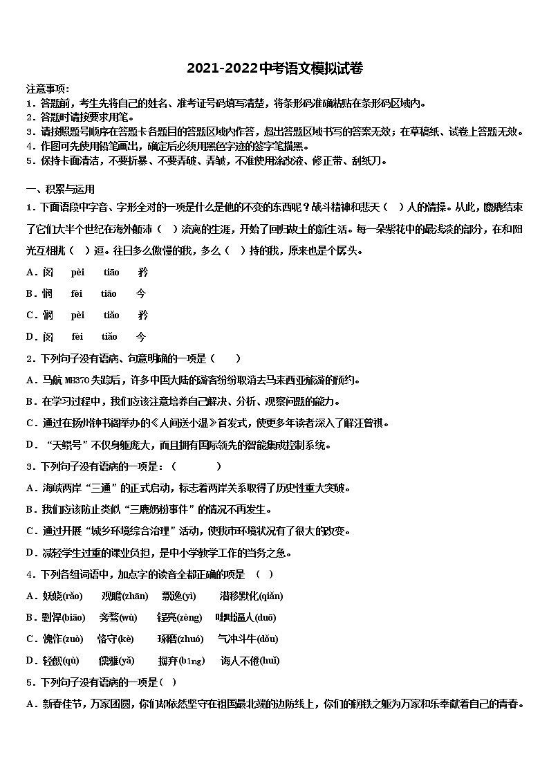 湖南省雨花区2022年中考语文对点突破模拟试卷含解析01