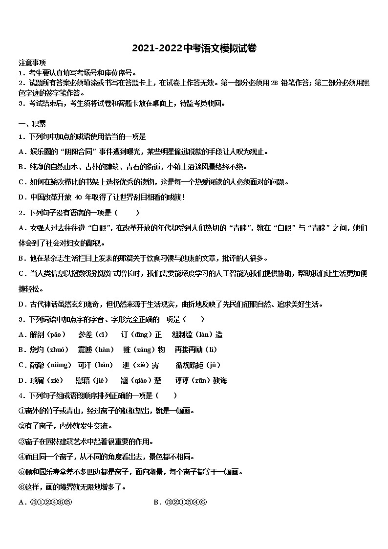 河南师范大附属中学2021-2022学年中考语文适应性模拟试题含解析01