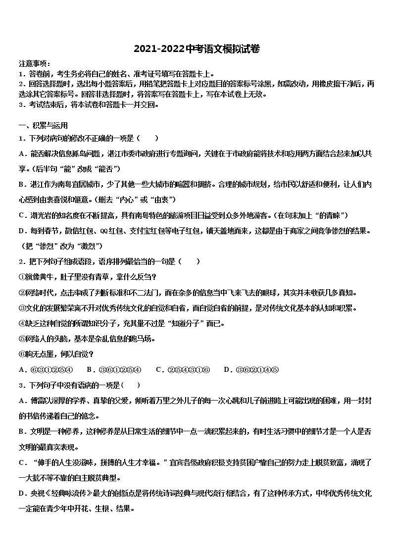 湖北省十堰市实验中学2022年初中语文毕业考试模拟冲刺卷含解析01