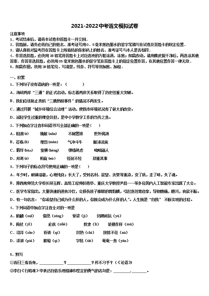 辽宁省沈阳市第一二七中学2022年中考语文全真模拟试题含解析第1页