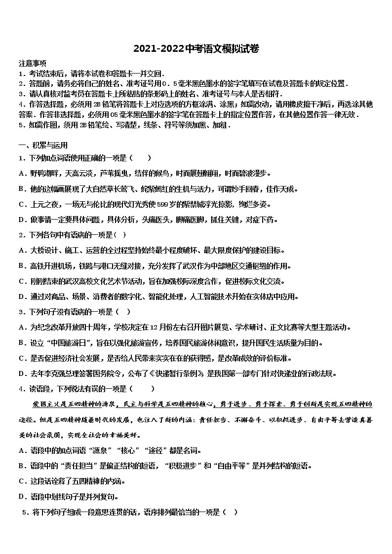江苏省淮安市淮阴师范院附属中学2022年中考语文模拟精编试卷含解析01