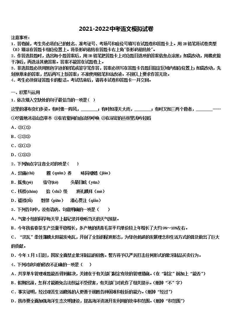 山东省菏泽市东明县重点中学2021-2022学年中考语文模拟预测试卷含解析01