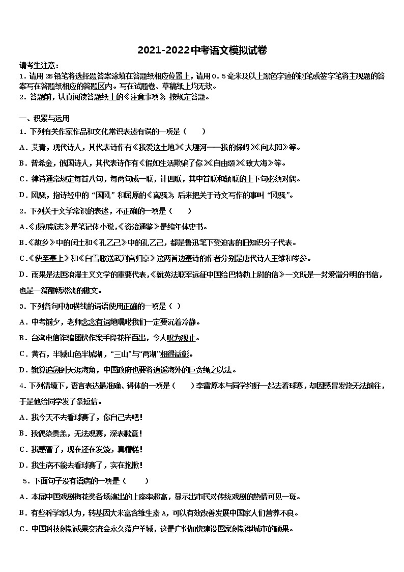 山东省淄博市临淄区金山中学2022年初中语文毕业考试模拟冲刺卷含解析01
