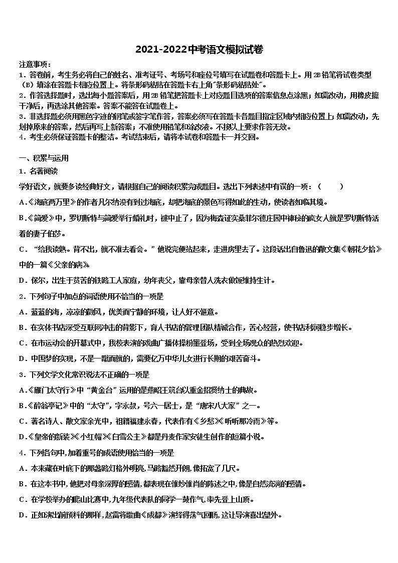 云南省临沧市凤庆县2021-2022学年中考语文全真模拟试题含解析第1页