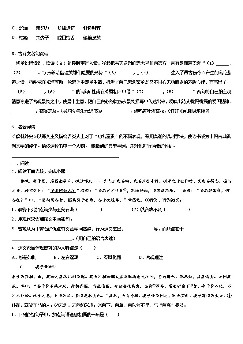 云南省富宁县市级名校2022年中考语文模拟试题含解析02