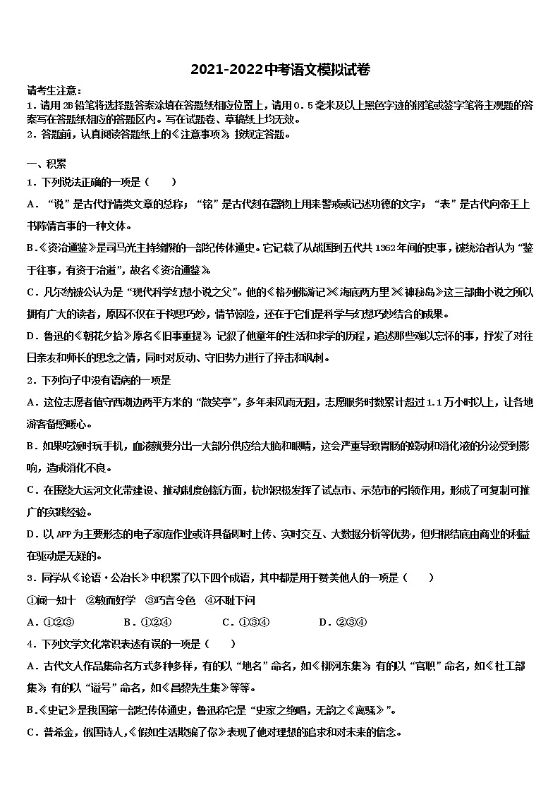 武汉地区十一校2022年中考语文对点突破模拟试卷含解析01