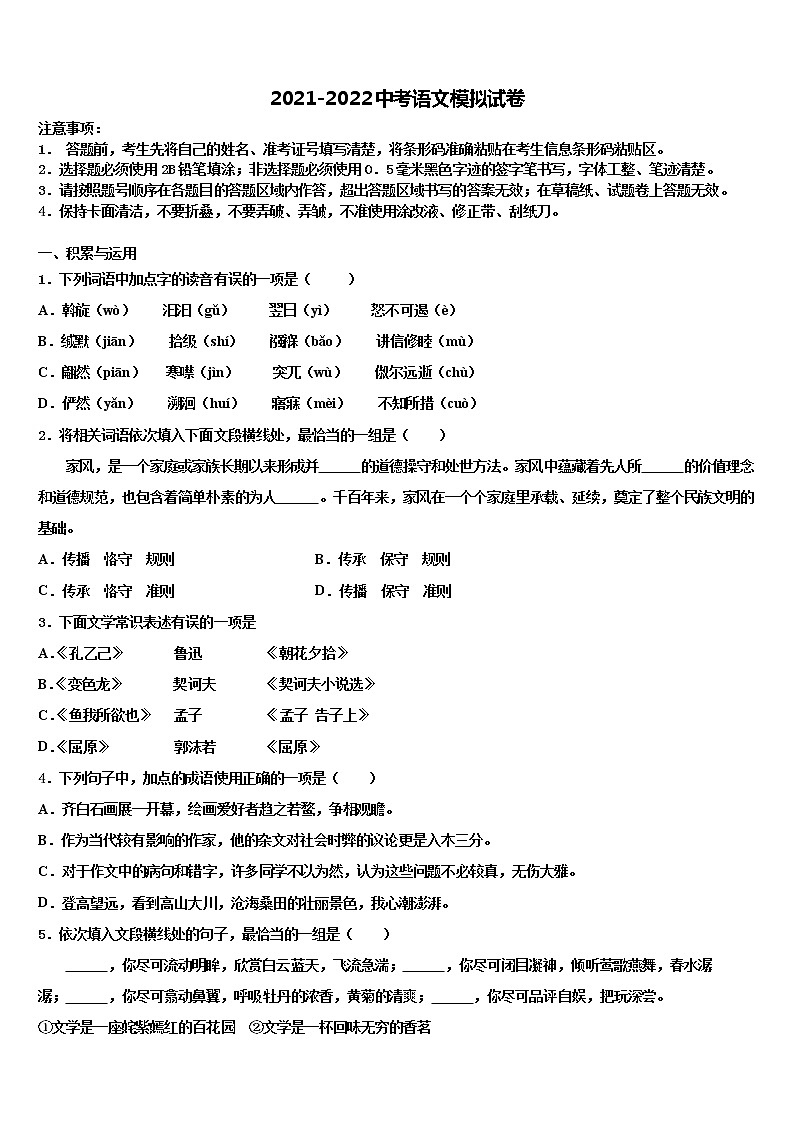 四川省绵阳宜溪中学心校2022年中考语文模拟预测试卷含解析01